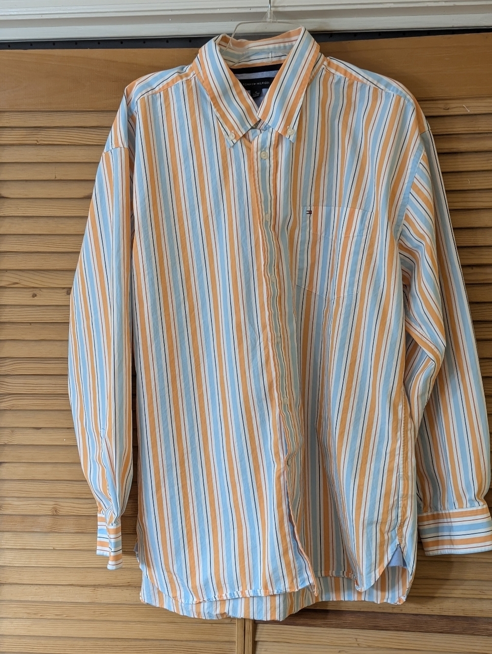 Vintage Tommy Hilfiger Men's Button-Down Stripe Shirt in Blue and Orange XL